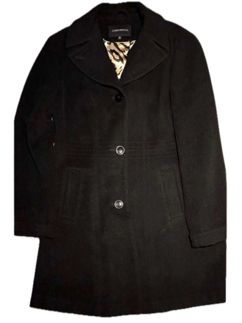London Fog Classic Black Single Breasted Pea Coat Leopard Animal Print Lining 10